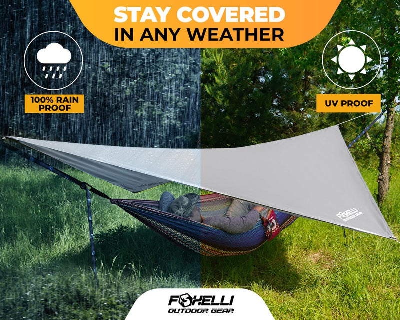 Foxelli Hammock Rain Fly - Waterproof Lightweight Tent & Hammock Rain Tarp for Camping, Backpacking w/Easy Setup Including Extra Long Guy Lines & Stakes - Image 2
